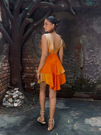 Model Posing in Ombre Layered Dress.