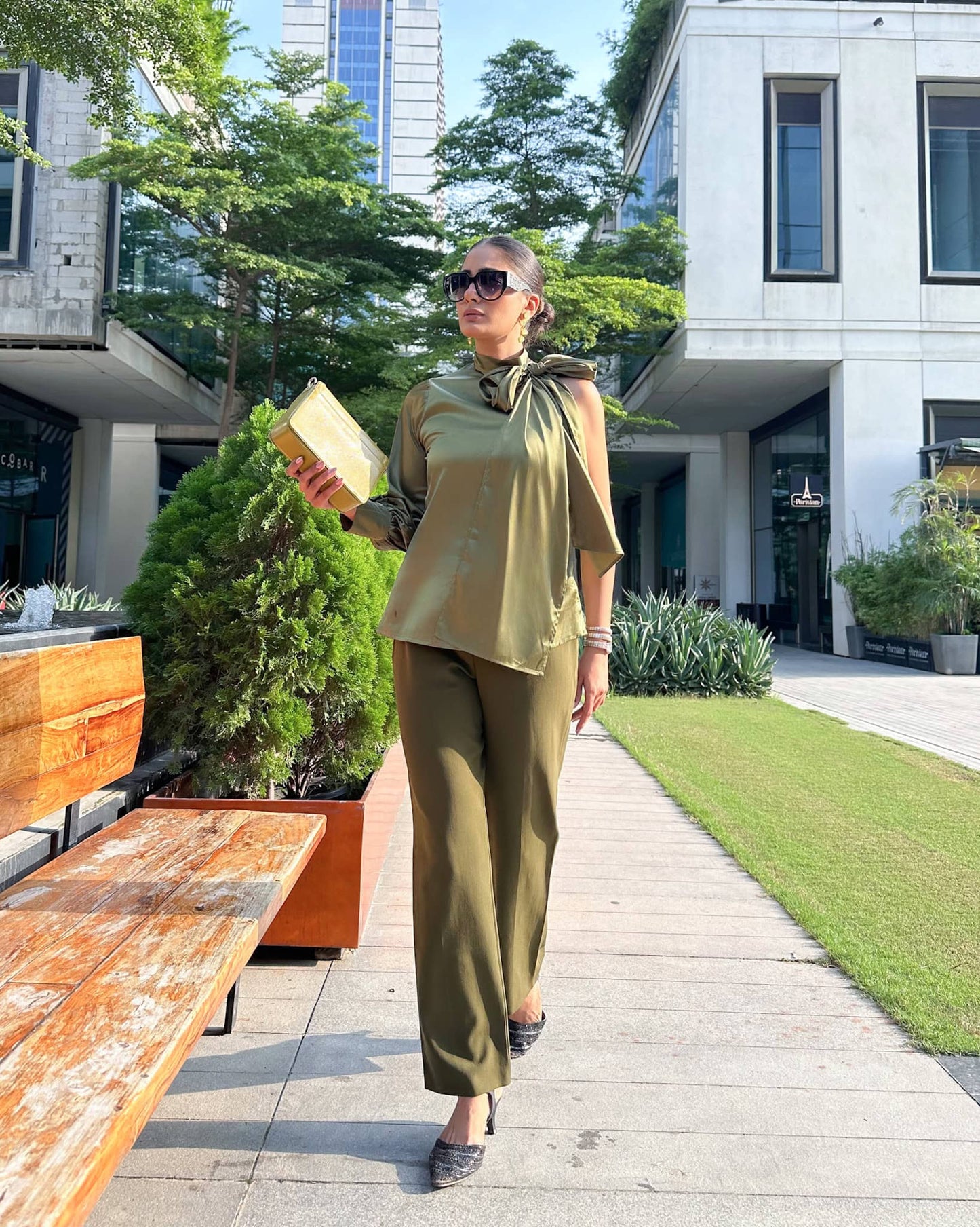 One shoulder top olive green