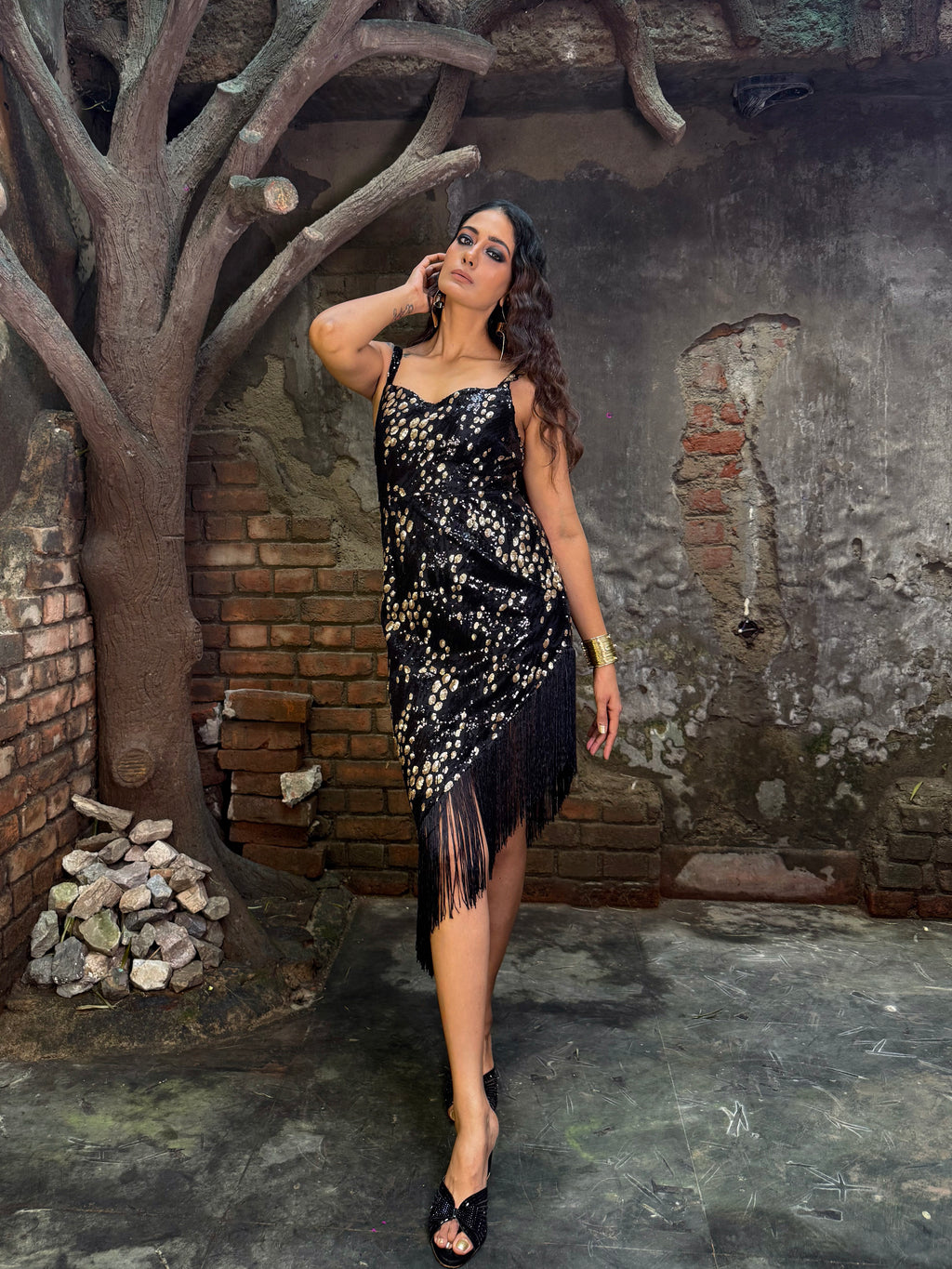 Carina Assymetric Dress with Fringe