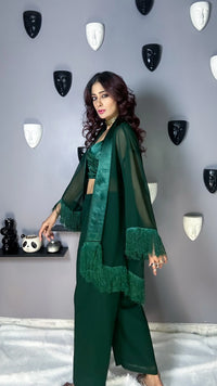 3-Piece Bottle Green Co-ord Set with Sheer Kimono Jacket – Side View | Sledge