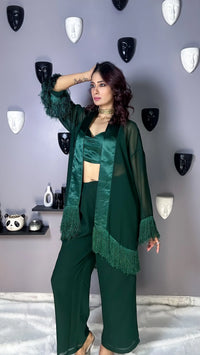 Emerald Green Party Wear Co-ord Set with Fringe Detail – Full Length | Sledge