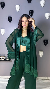 Emerald Green Satin 3-Piece Co-ord Set – Party Outfit Women India | Sledge
