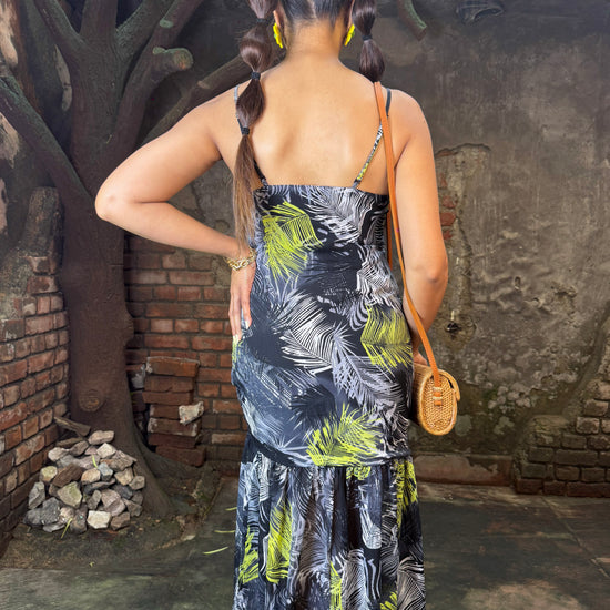 Tropical maxi dress for women video showing flowy fit, high slit and tropical print styling
