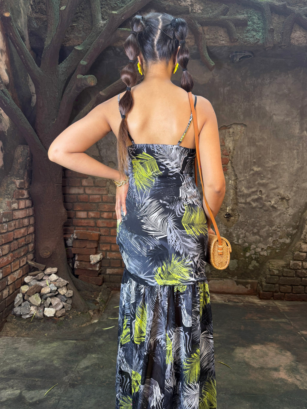 Tropical maxi dress for women video showing flowy fit, high slit and tropical print styling