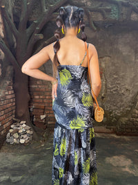 Tropical maxi dress for women video showing flowy fit, high slit and tropical print styling