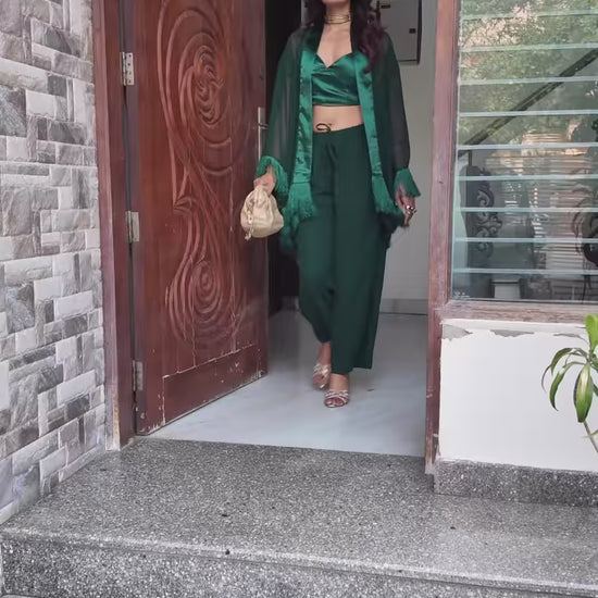 Emerald Green 3-Piece Fringe Co-ord Set in Motion – Party Wear Women India | Sledge